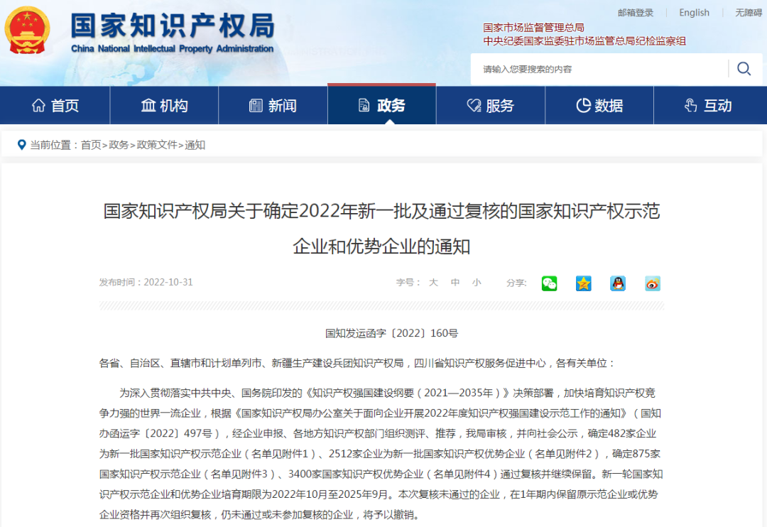 山东华体网在线登录入口集团入选2022年度国家知识产权优势企业